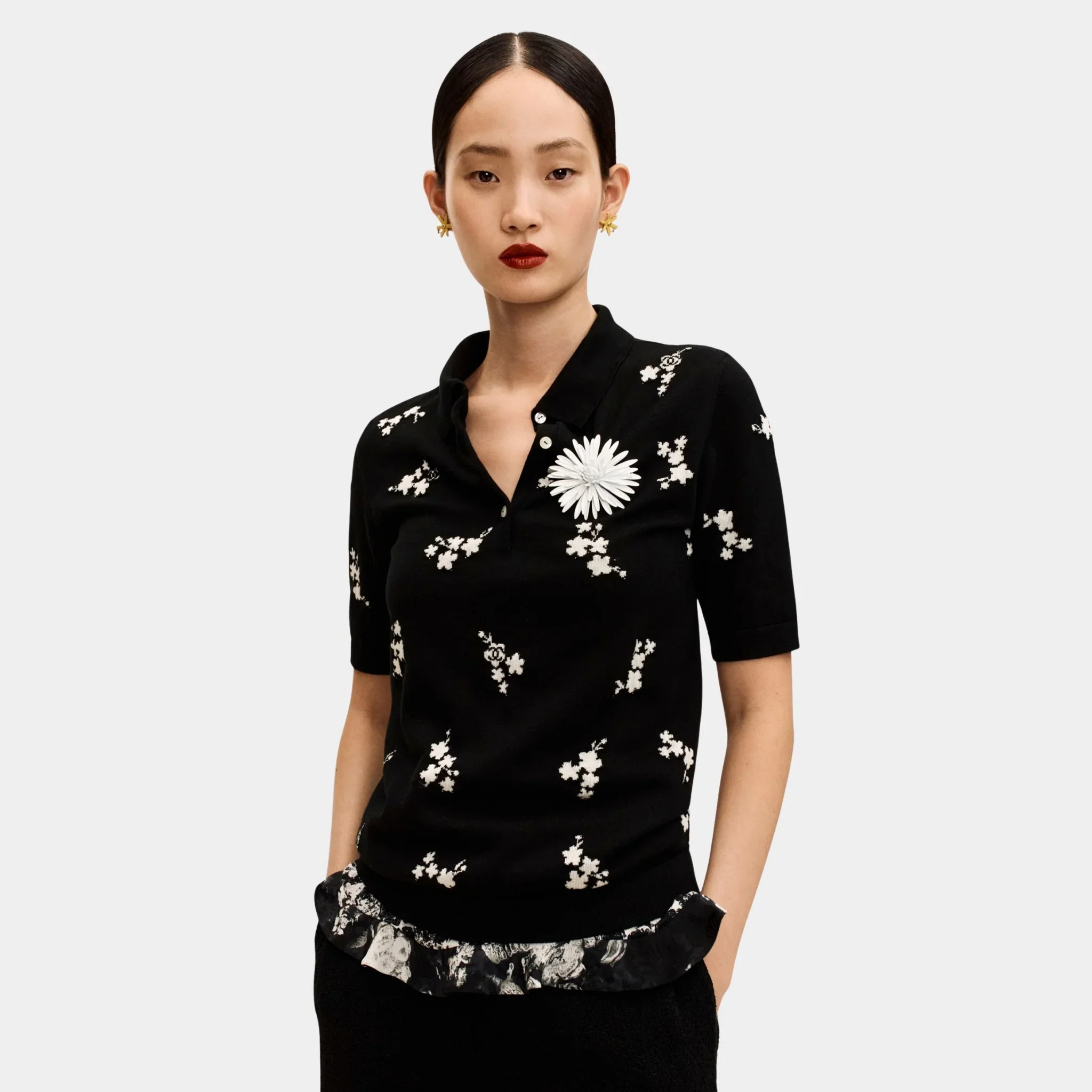 Black and White Polo in Cotton and Silk
