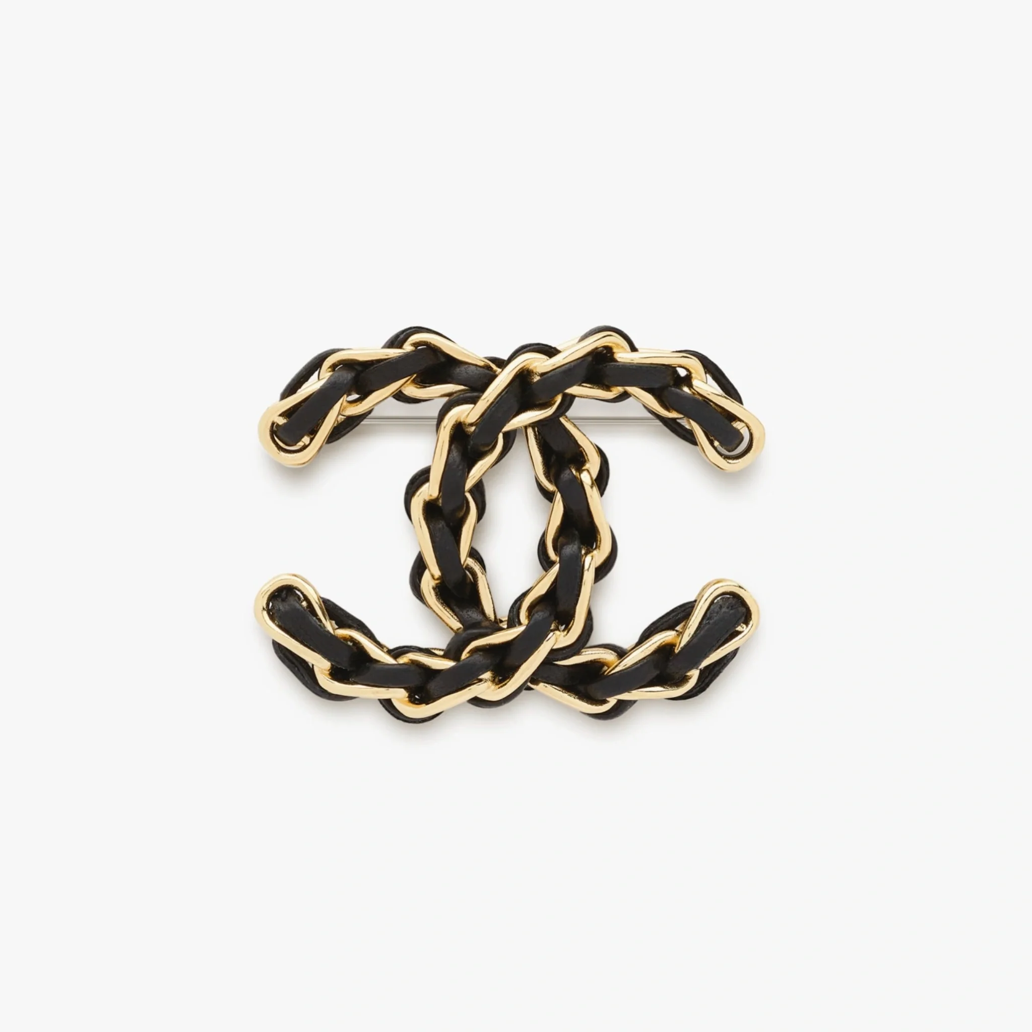 CC Chain Brooch in Gold Metal with Black Lambskin