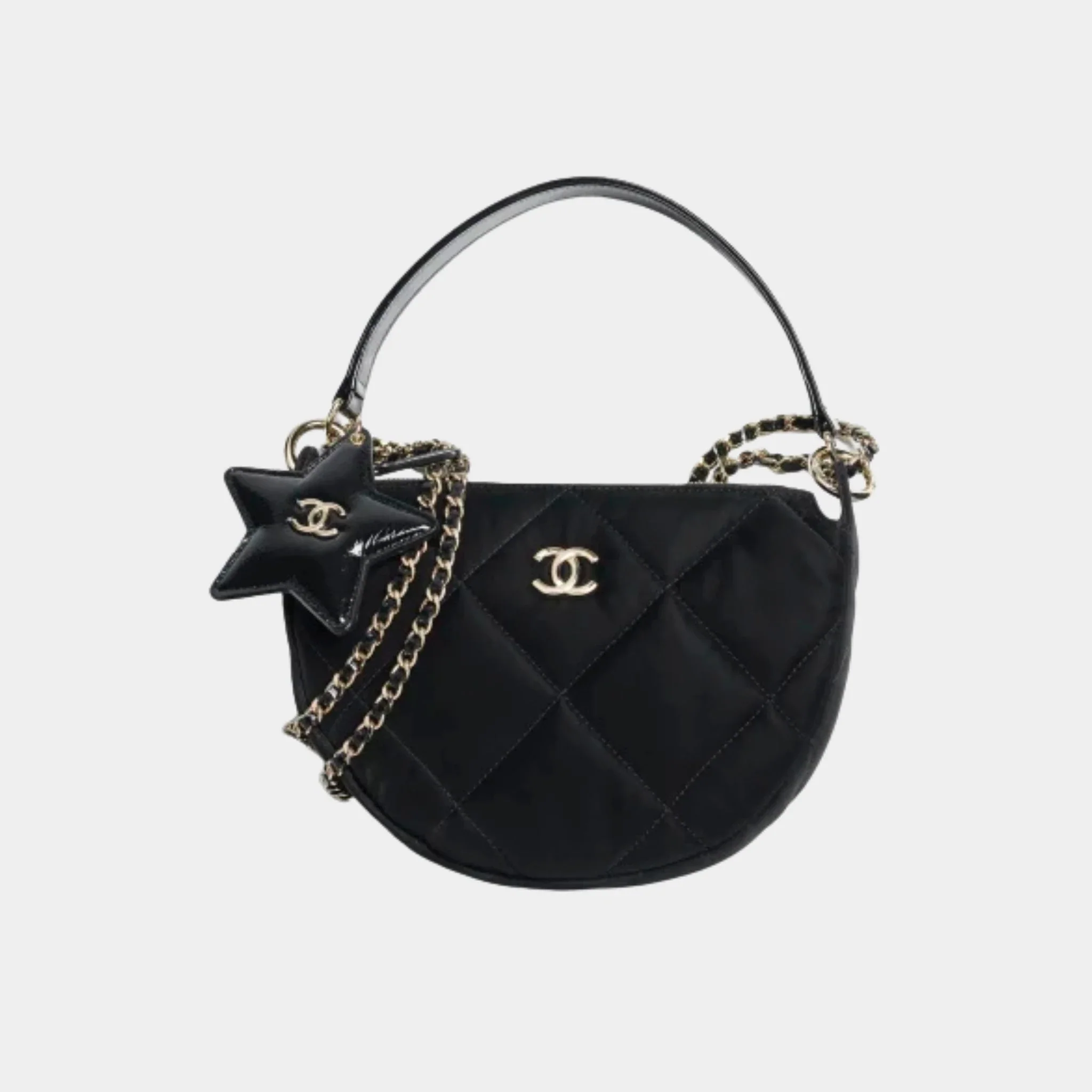 Clutch with chain Black Velvet-effect nylon shiny crinkled calfskin