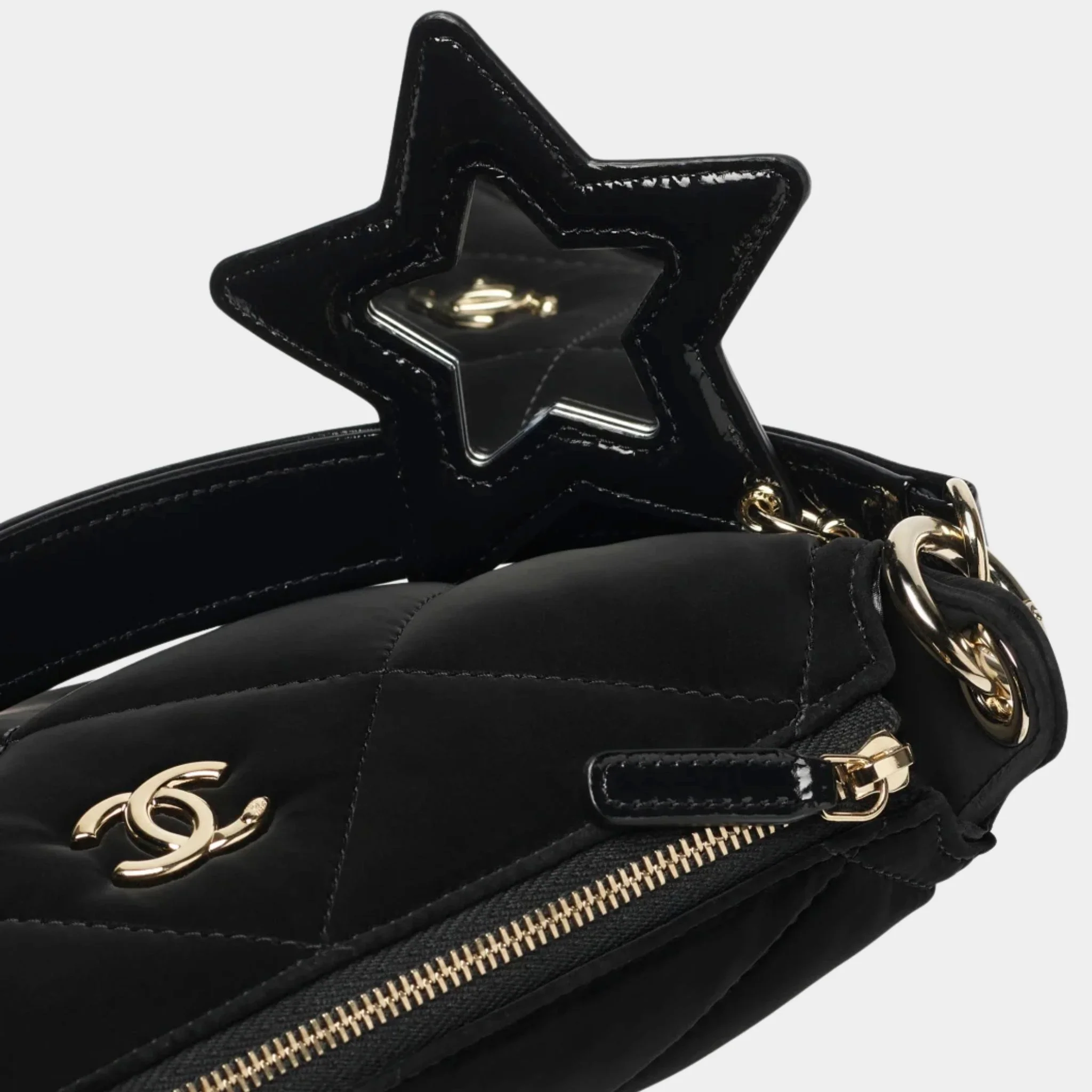 Clutch with chain Black Velvet-effect nylon shiny crinkled calfskin - Image 2