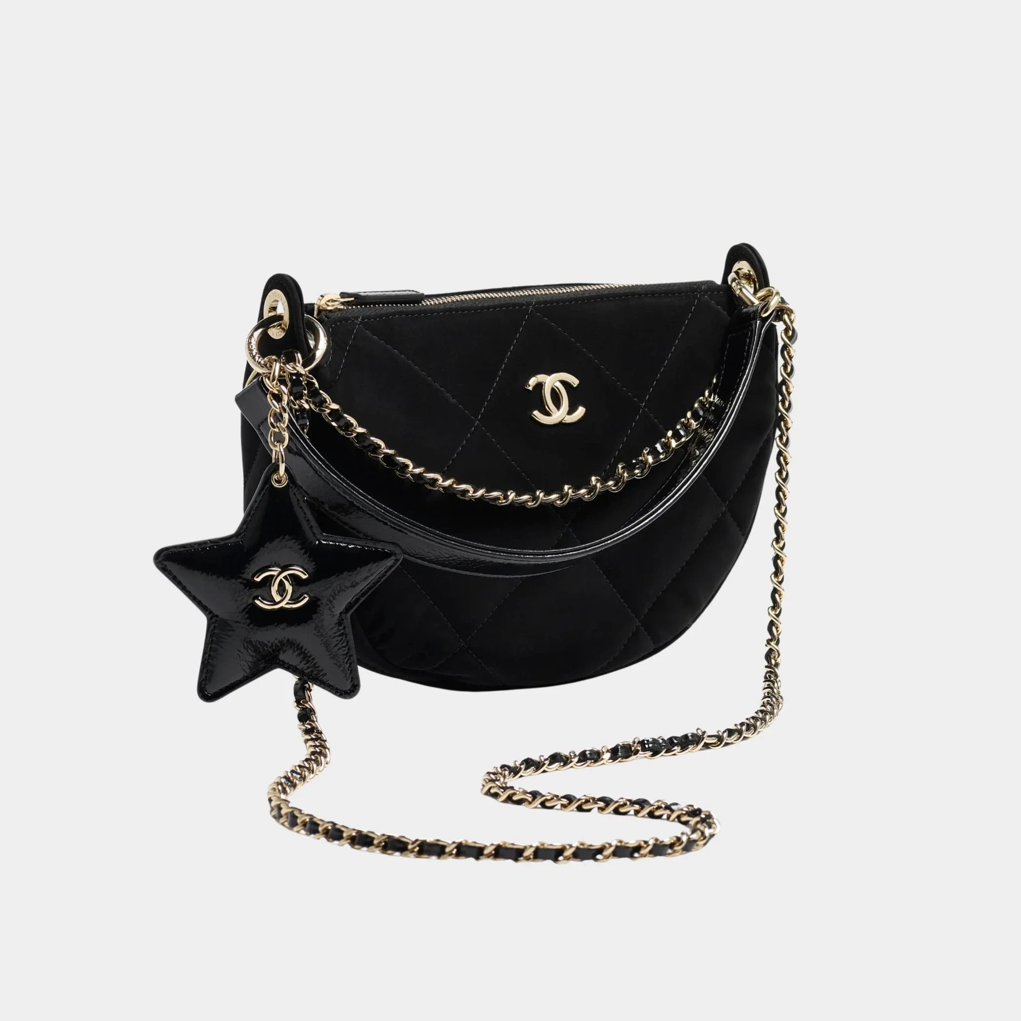 Clutch with chain Black Velvet-effect nylon shiny crinkled calfskin - Image 3