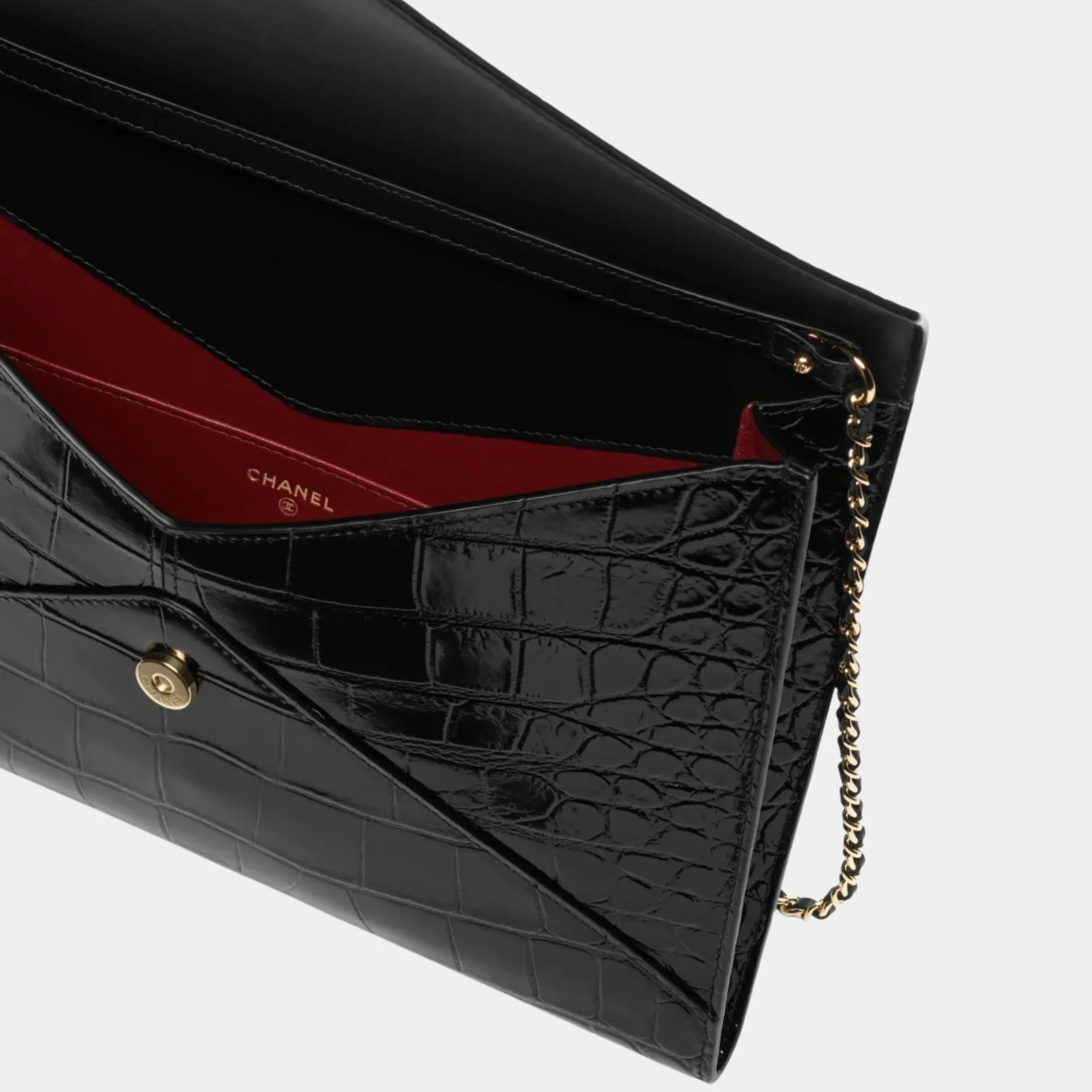 Clutch with Chain in Crocodile Embossed Calfskin & Gold-Tone Metal - Image 2
