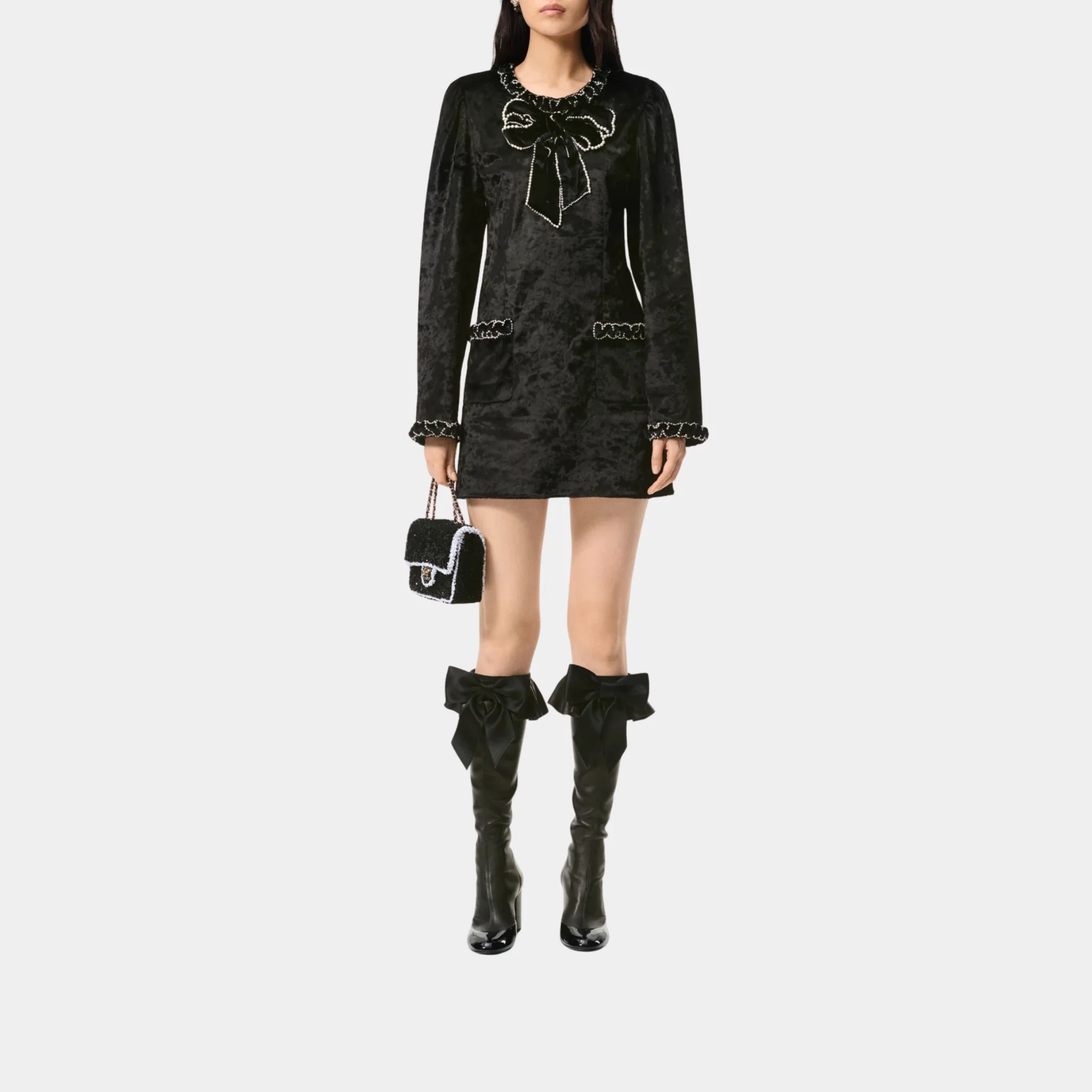 Short Dress in Cotton Velvet Embroidered with Imitation Pearls