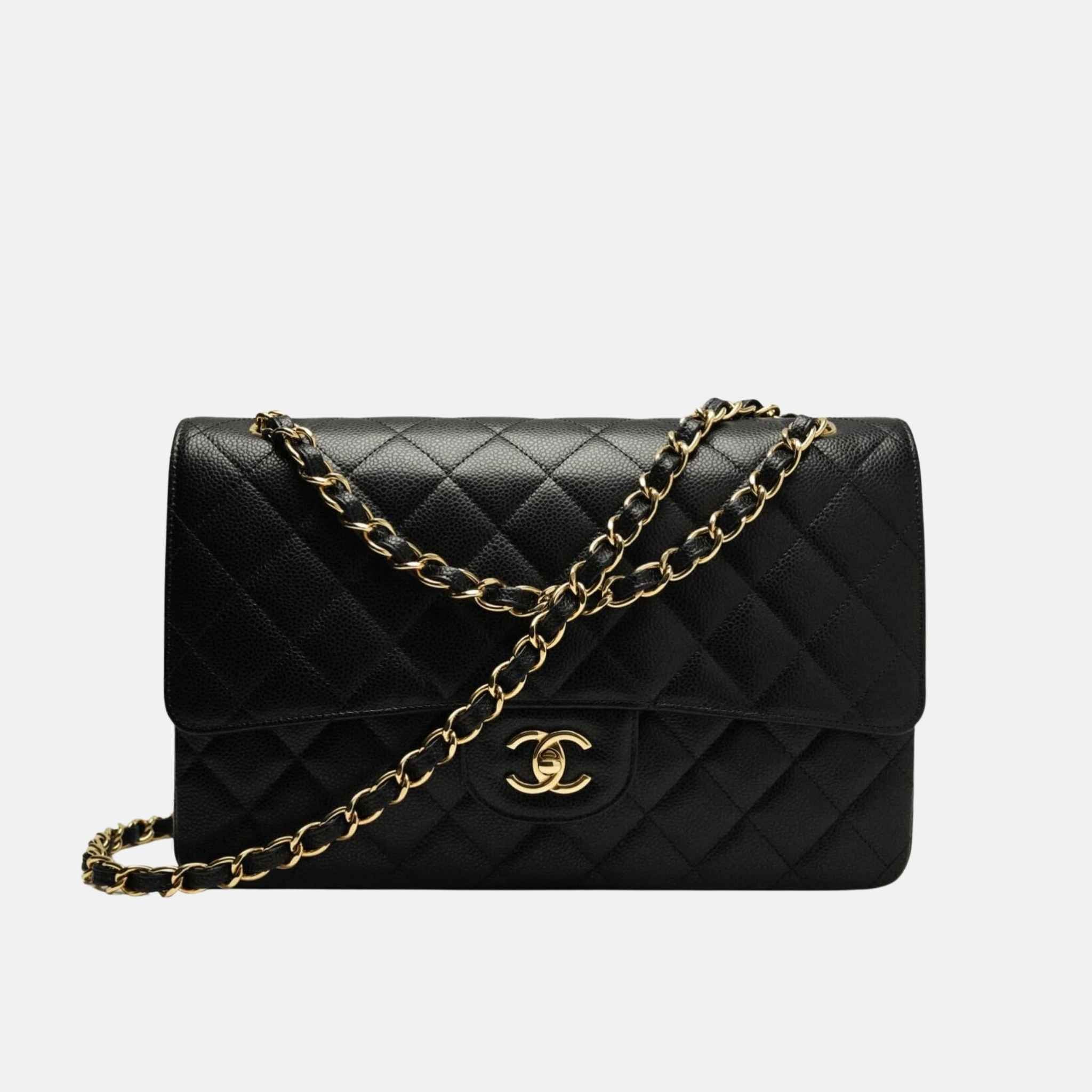 Large Classic Grained Calfskin Handbag In Gold Tone Metal