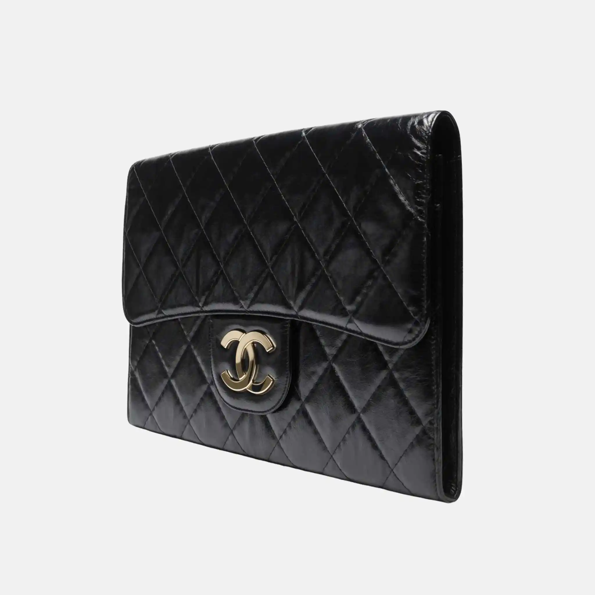 Large Clutch Shiny Crumpled Calfskin Gold Tone Metal - Image 4