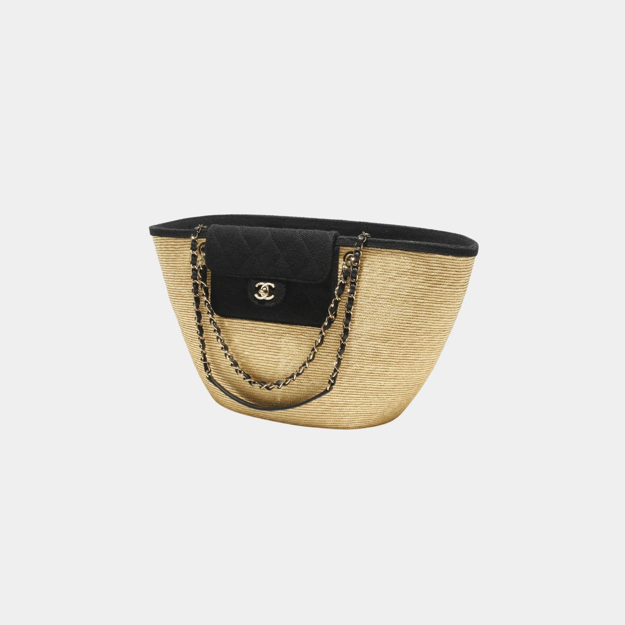 Large tote Bag Braided Straw Canvas Lambskin & Gilded Metal Beige & Black