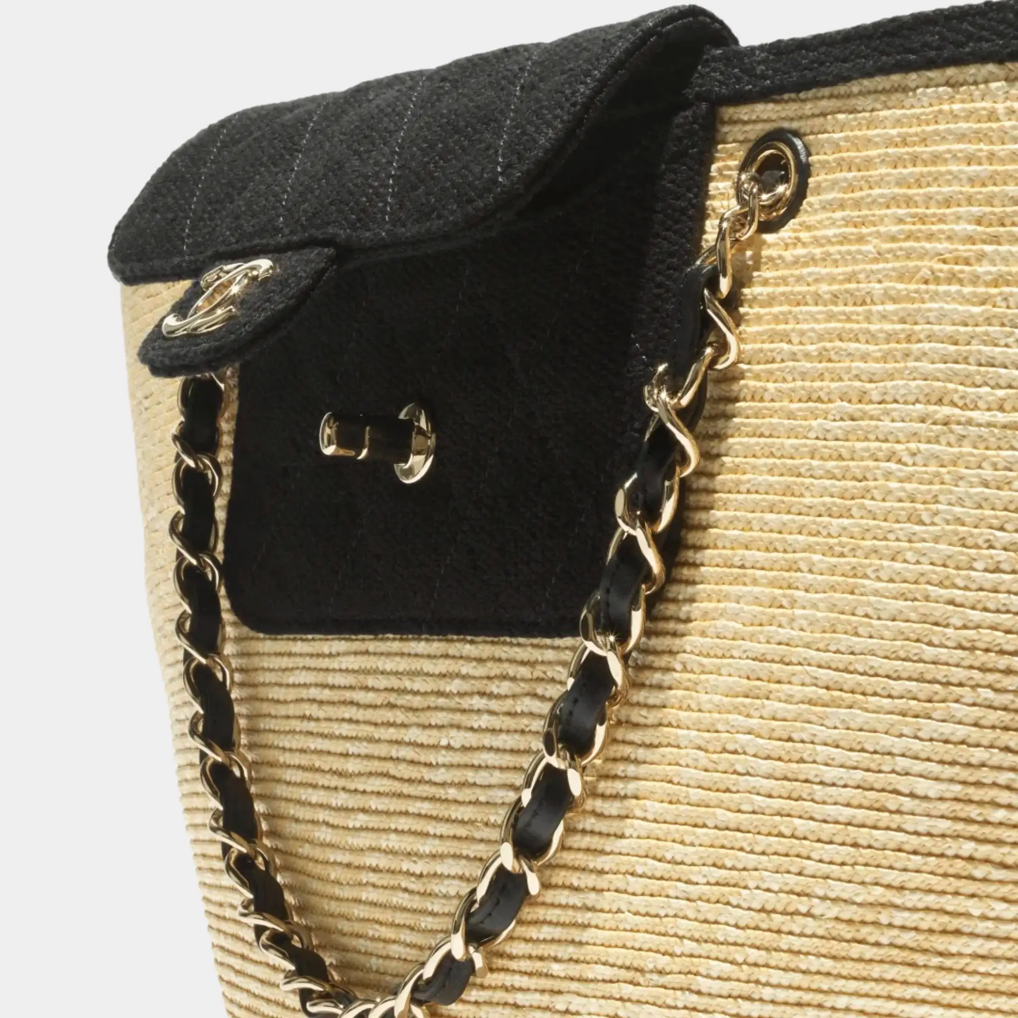 Large tote Bag Braided Straw Canvas Lambskin & Gilded Metal Beige & Black - Image 3