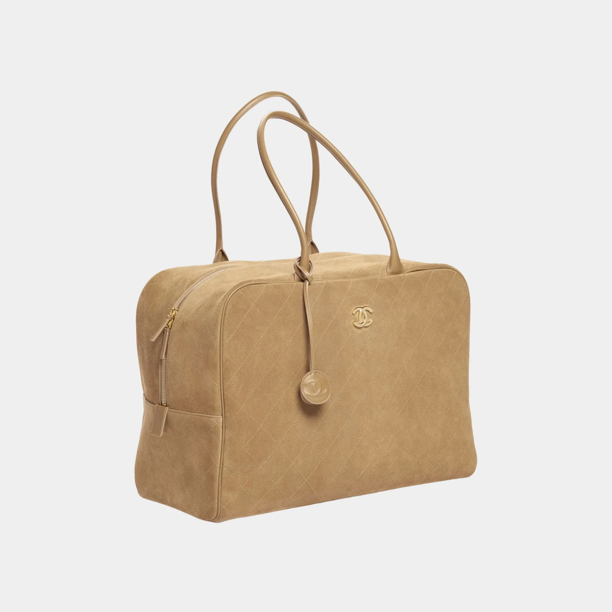 Maxi Bowling Bag Suede Calfskin & gold-tone metal Dark beige