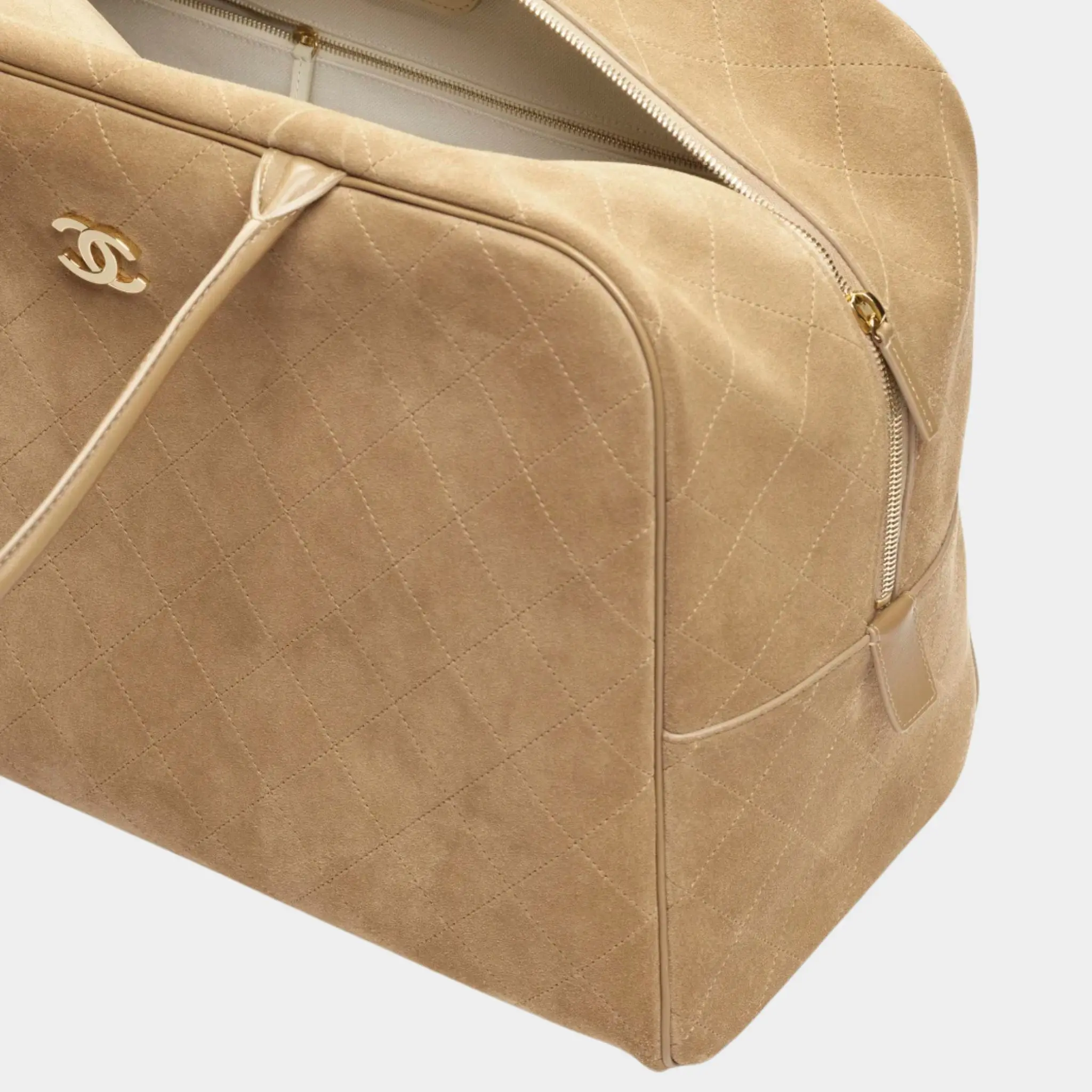 Maxi Bowling Bag Suede Calfskin & gold-tone metal Dark beige - Image 3