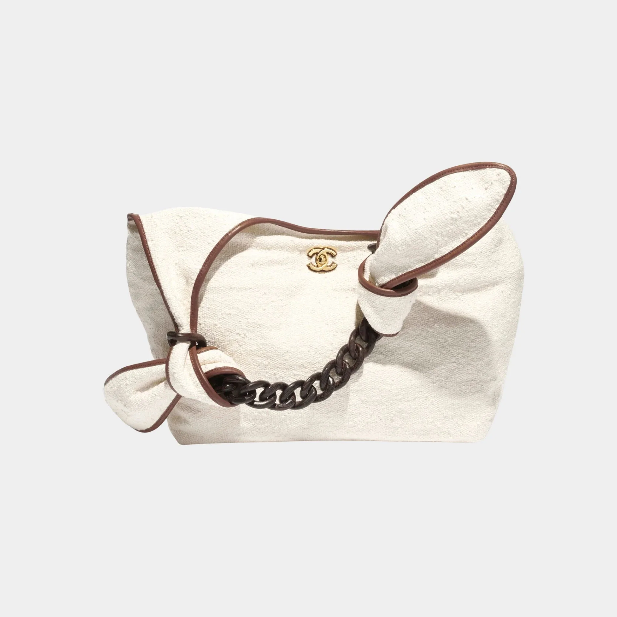 Maxi Hob Bag Canvas Calfskin Wood & Gilded Metal Ecru & Camel