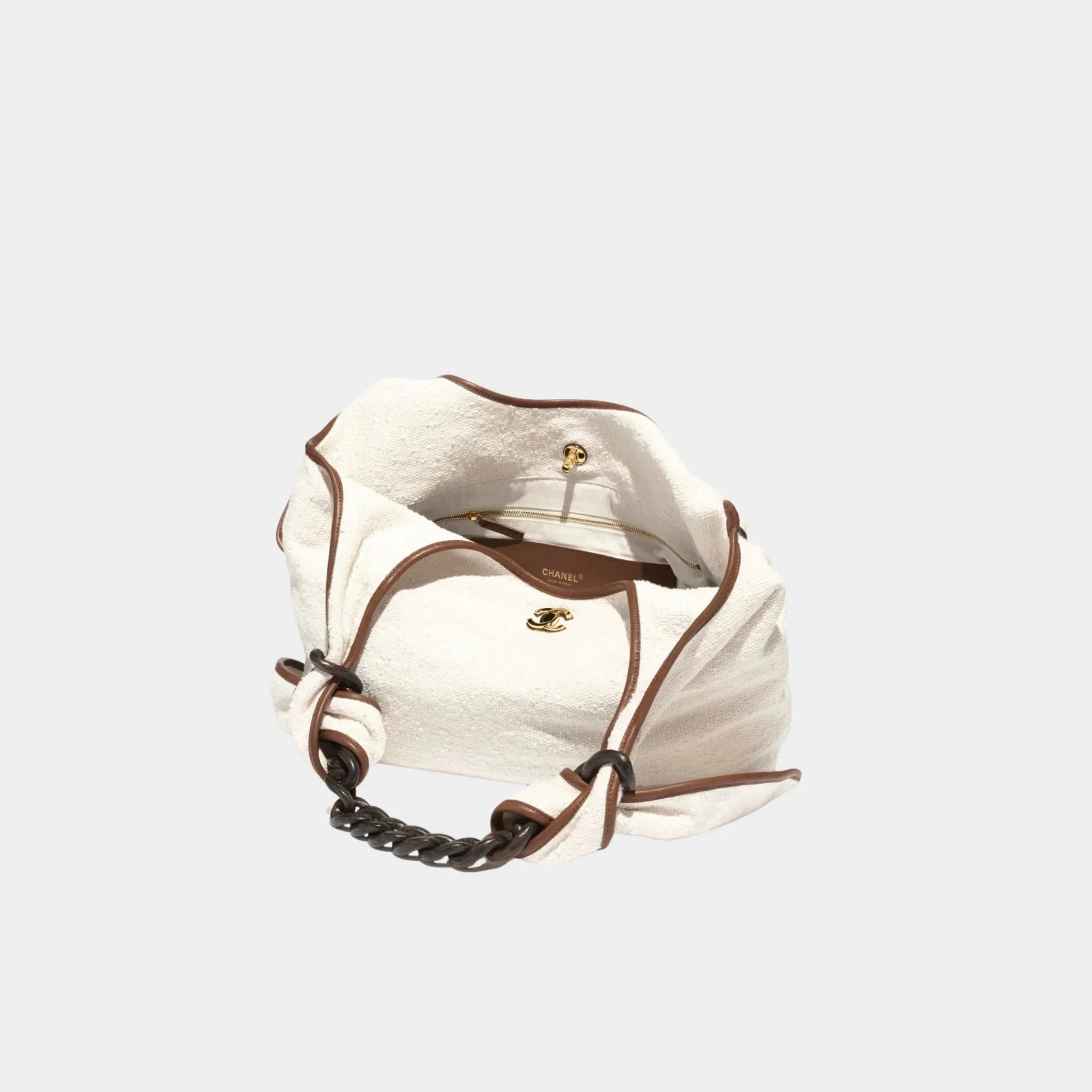 Maxi Hob Bag Canvas Calfskin Wood & Gilded Metal Ecru & Camel - Image 2