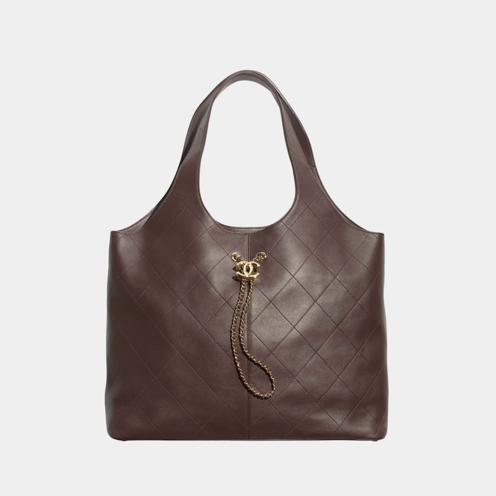 Maxi Shopping Bag Calfskin & Gold Tone Metal Dark Brown