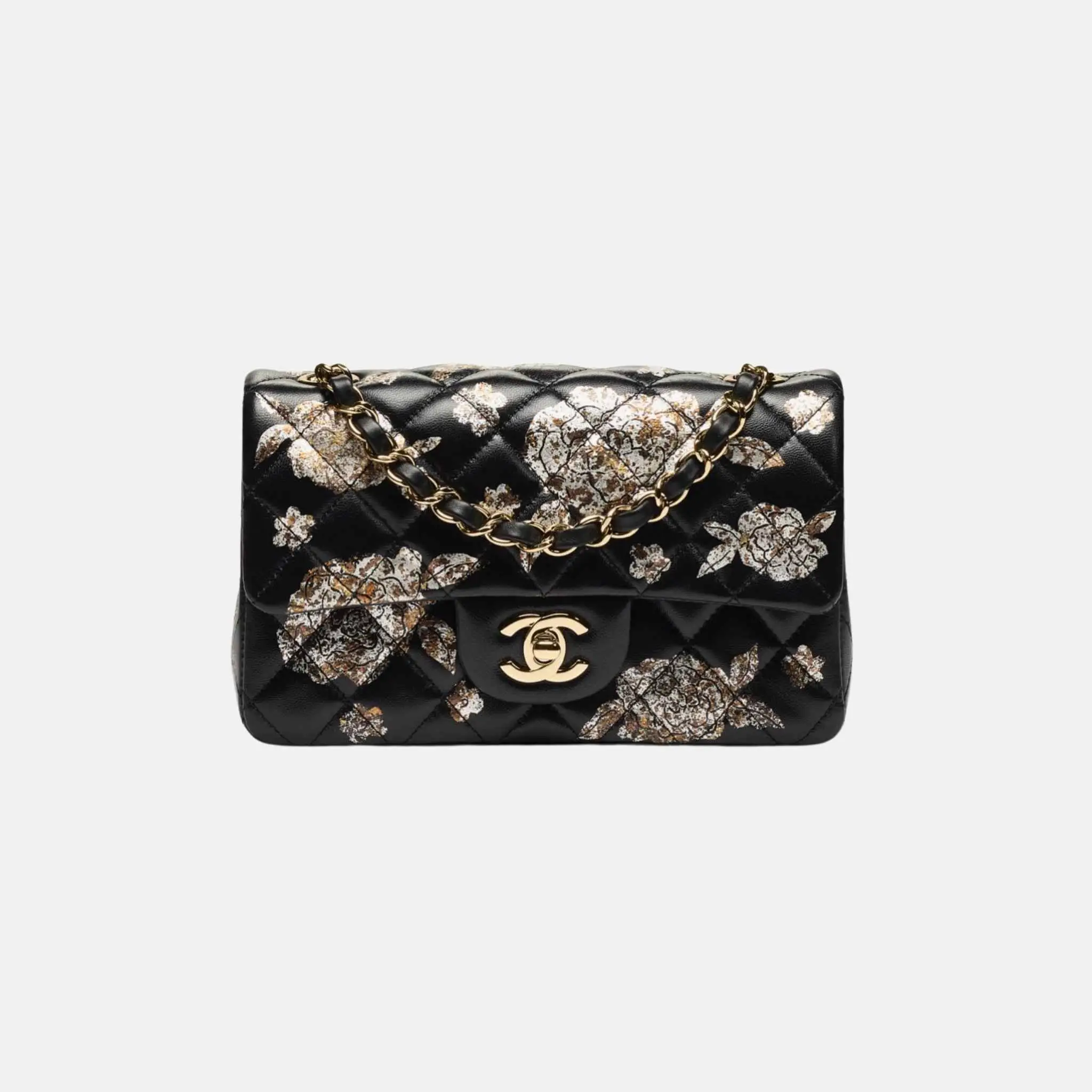 Mini Classic Handbag Printed Lambskin Gold Metal in Black Silvery Golden