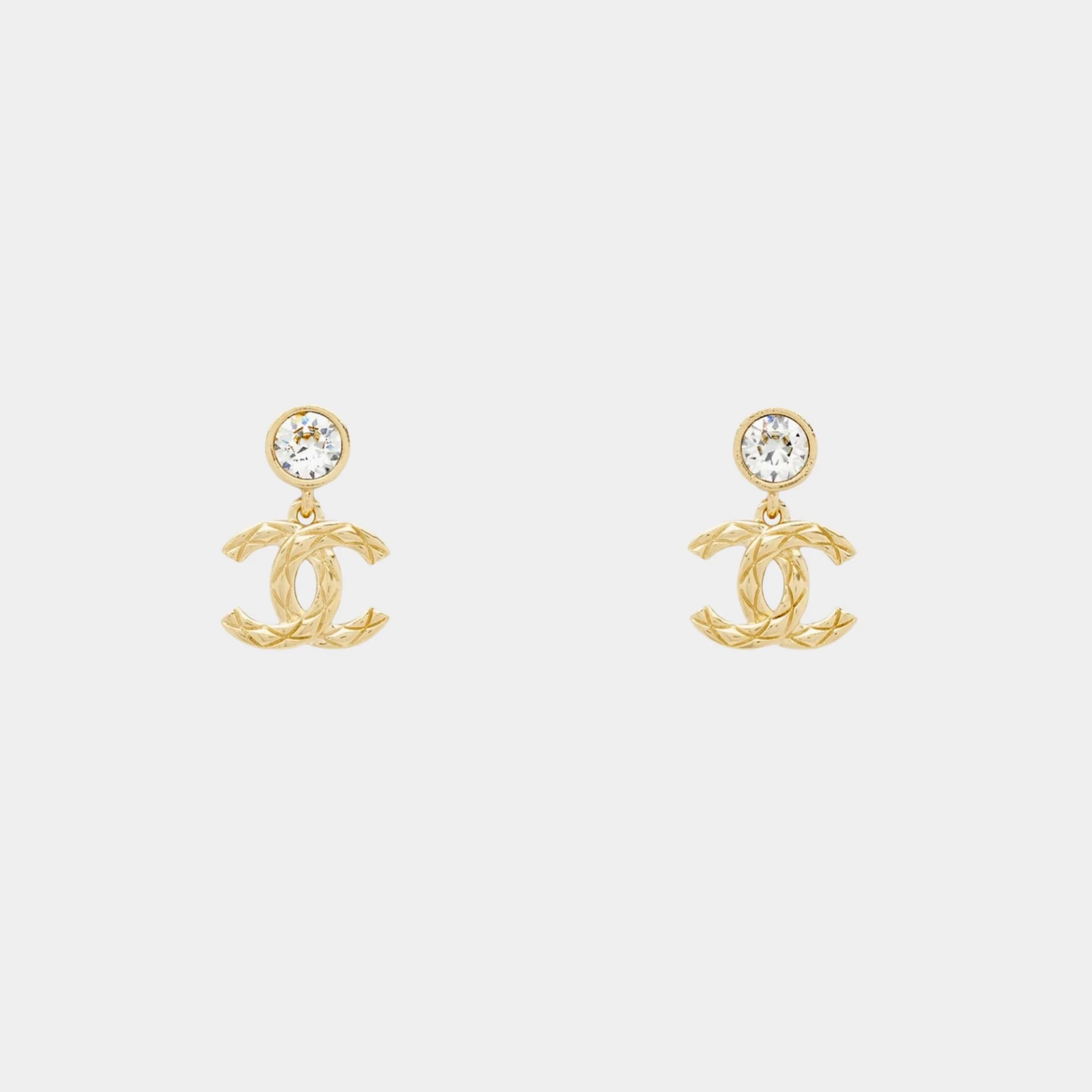 Pendant Embossed CC Earrings Metal & Diamantes Gold & Crystal