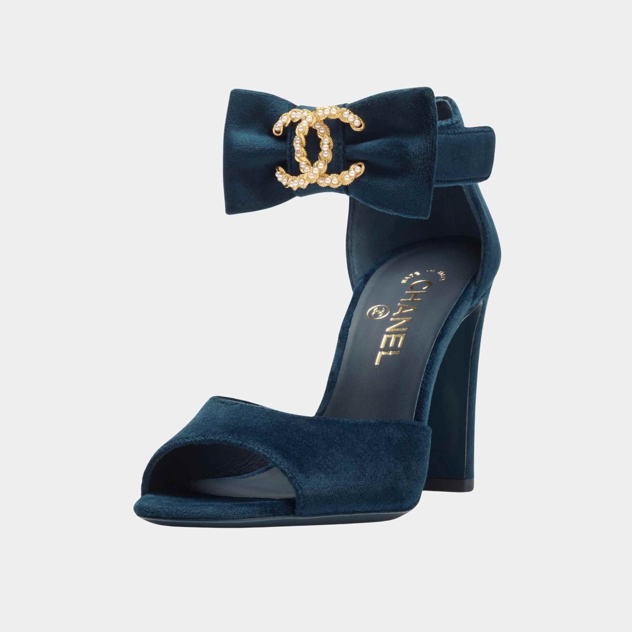 Sandals Velvet Imitation Pearls Metal Dark Blue - Image 2