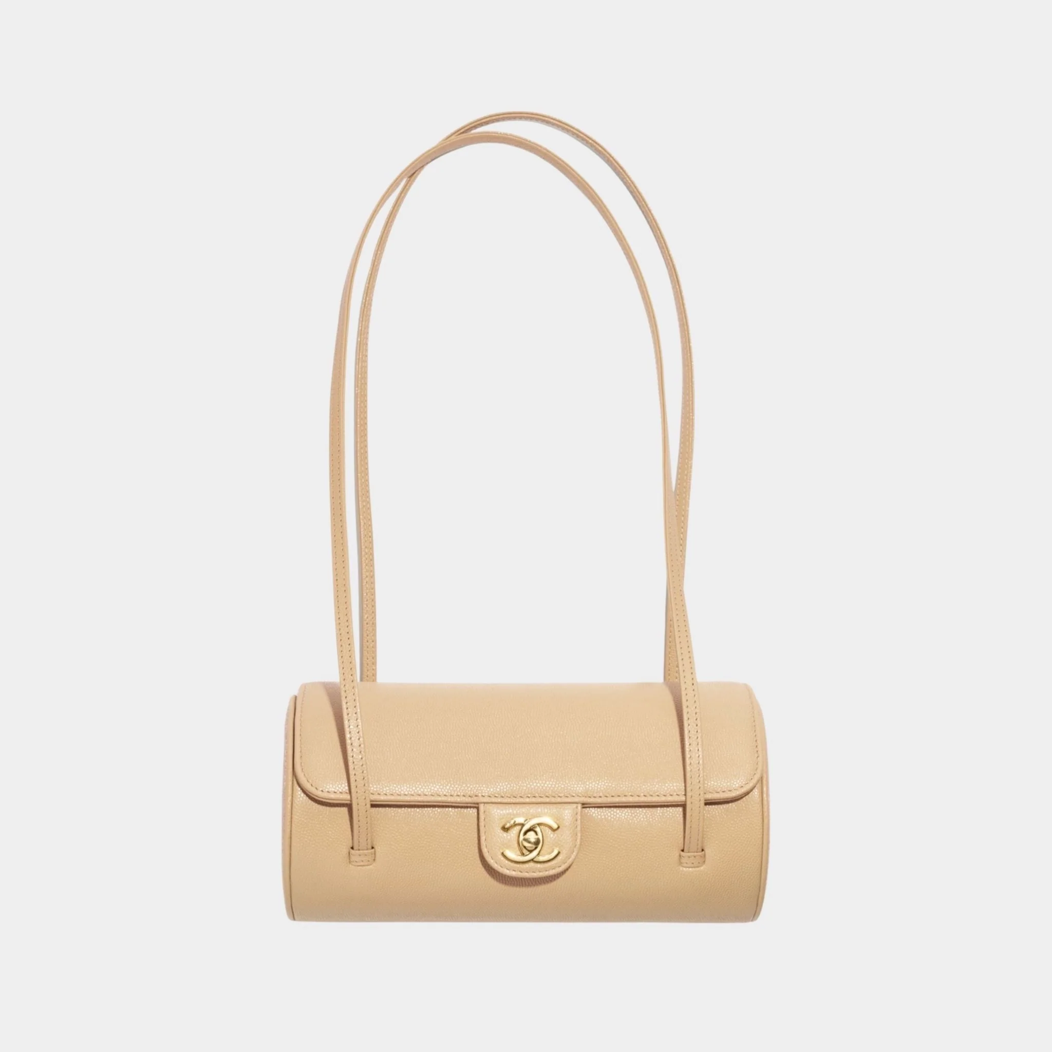 Small Bowling Bag Grained Calfskin & Gold tone Metal Dark Beige