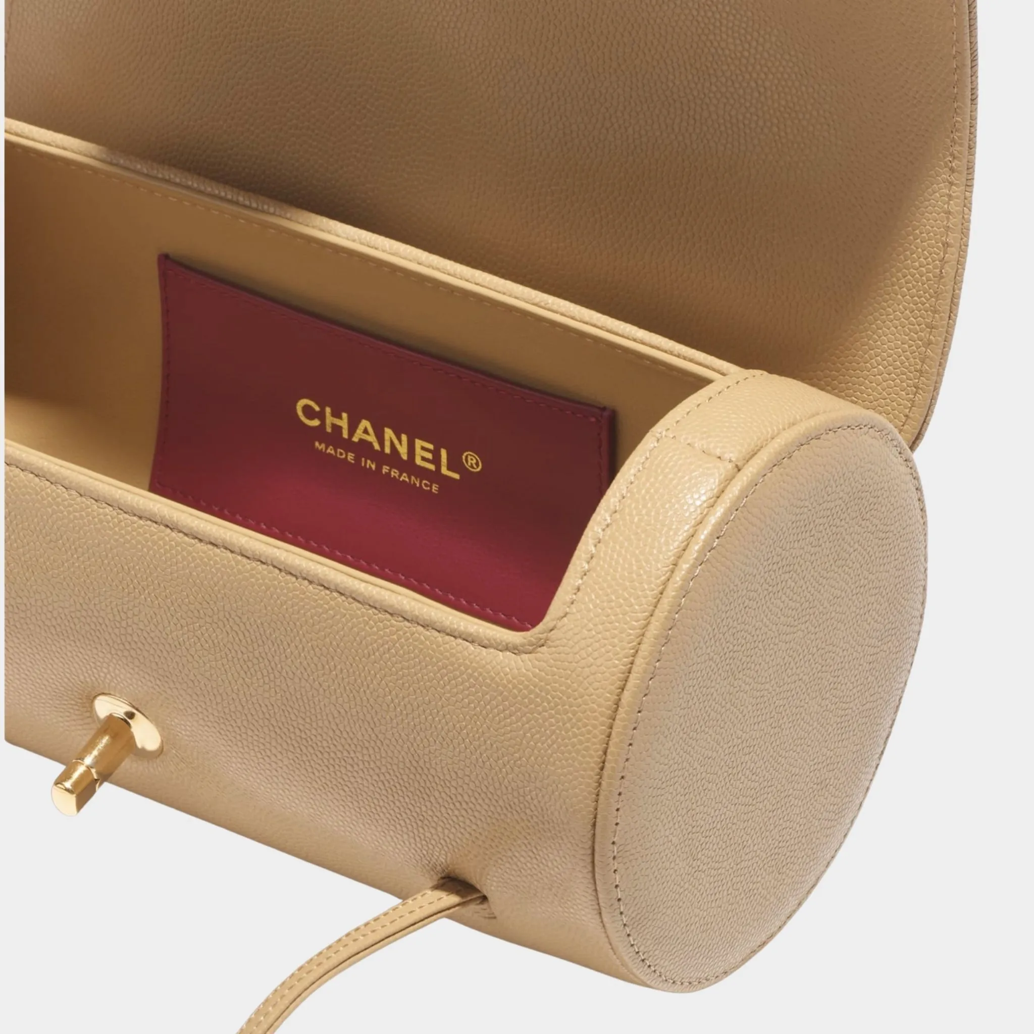 Small Bowling Bag Grained Calfskin & Gold tone Metal Dark Beige - Image 3