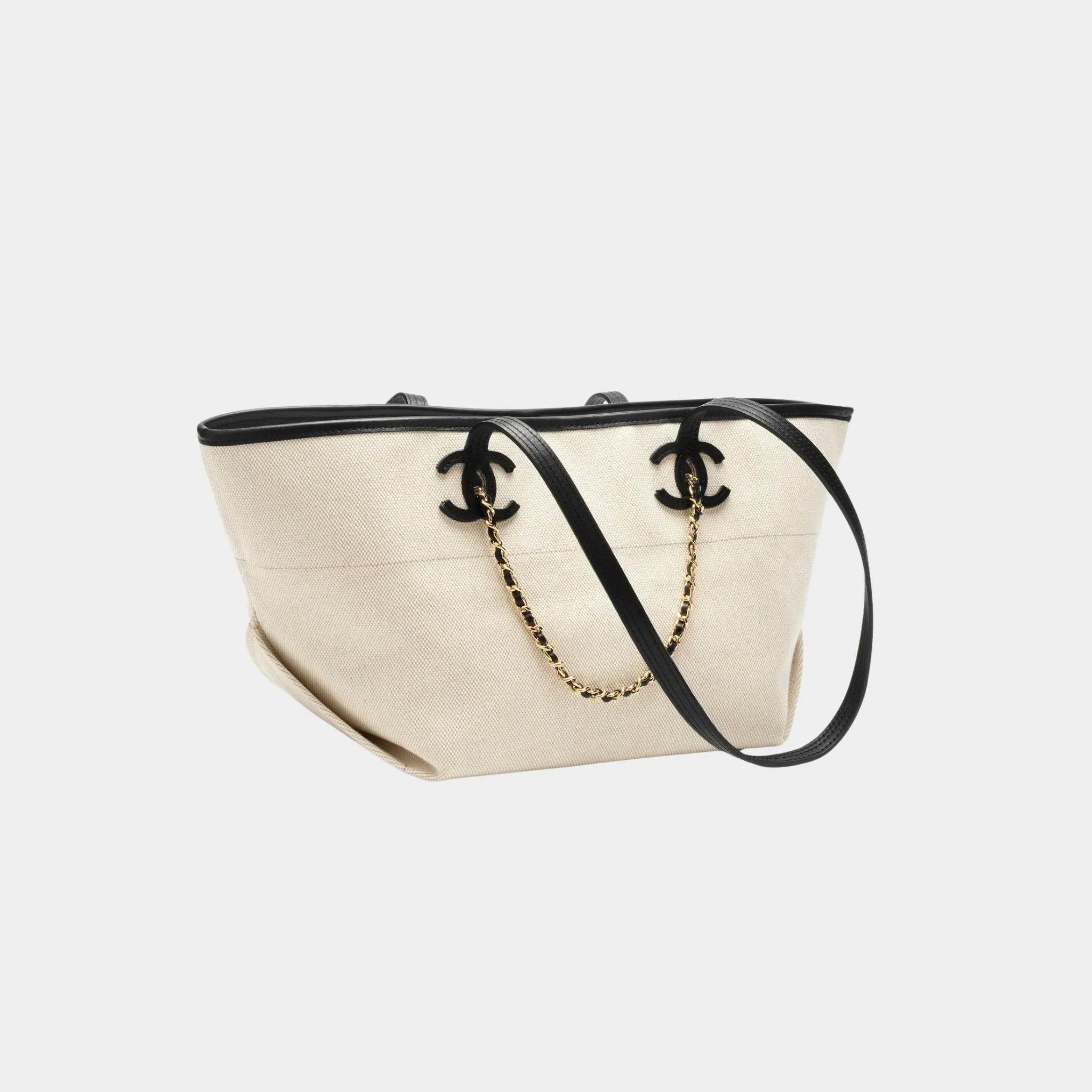 Small Tote Bag Canvas Calfskin & Gold-Tone Metal Ecru & Black