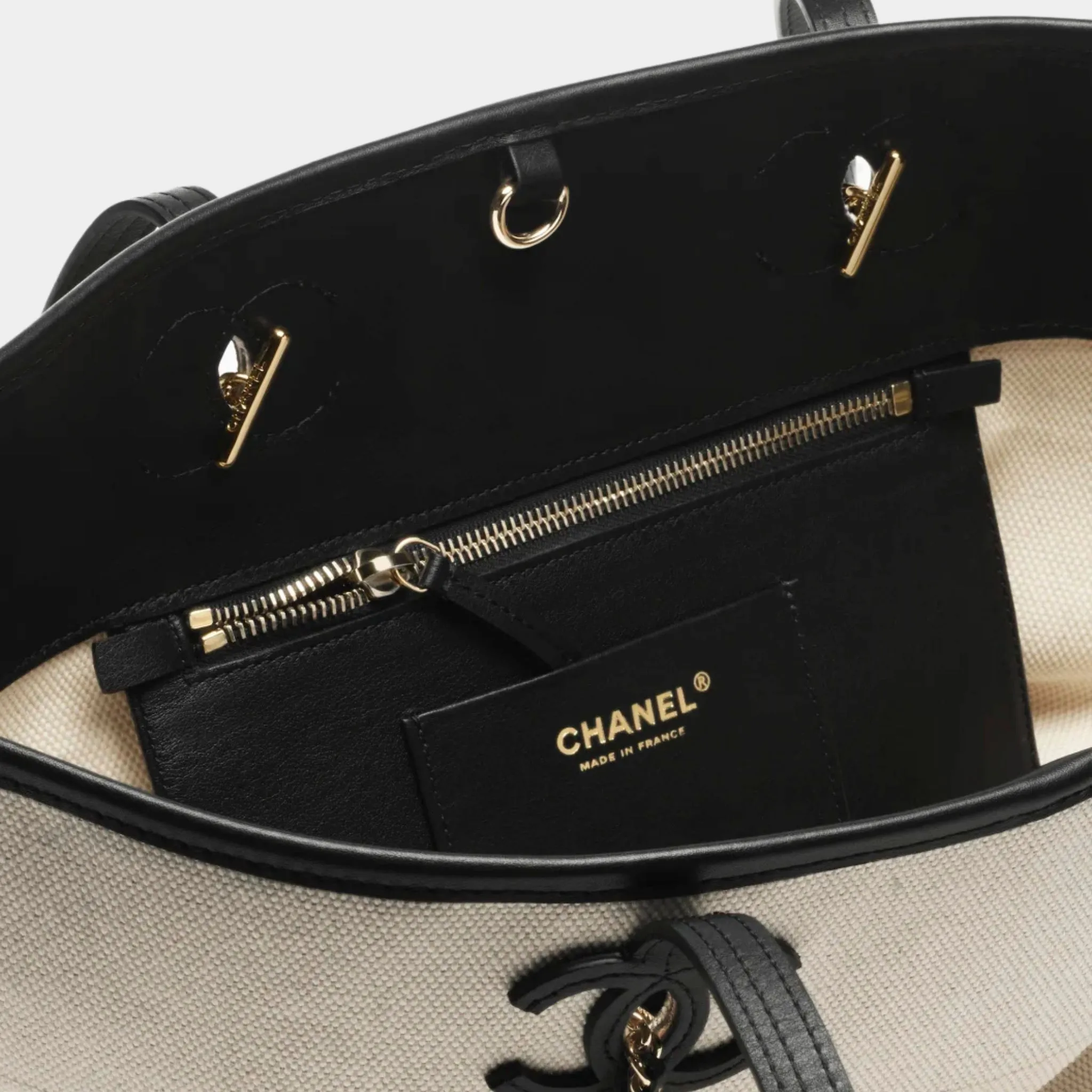 Small Tote Bag Canvas Calfskin & Gold-Tone Metal Ecru & Black - Image 2