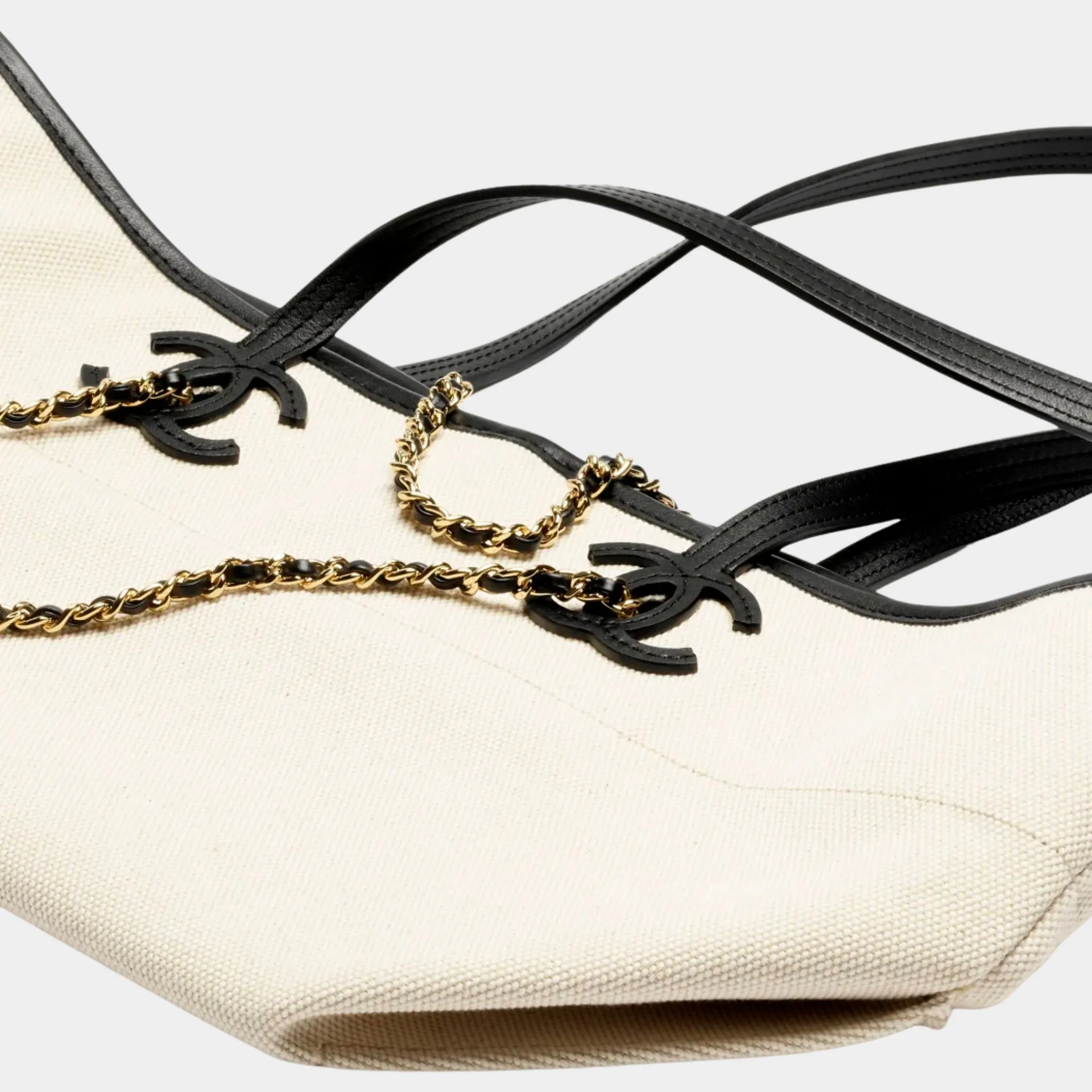Small Tote Bag Canvas Calfskin & Gold-Tone Metal Ecru & Black - Image 3