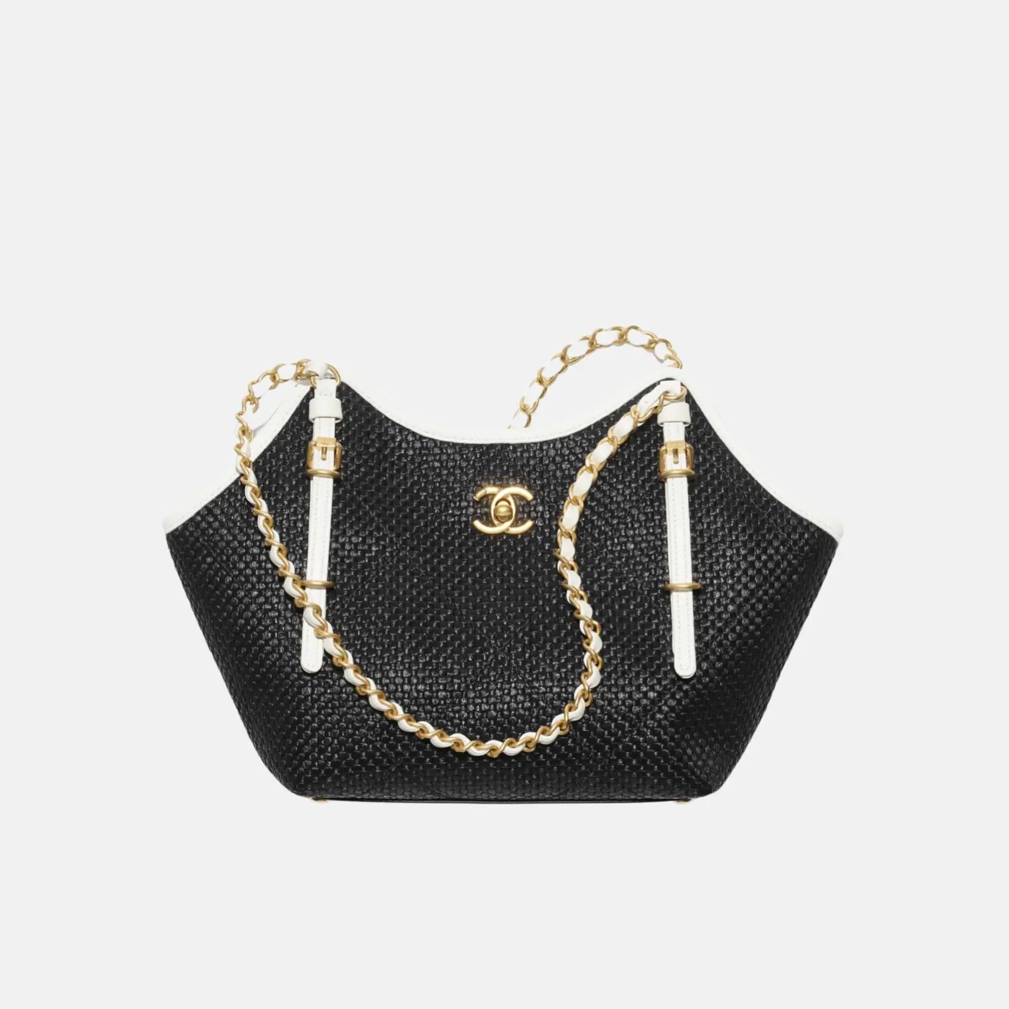 Small Tote in Braided Raffia Calfskin and Gold Tone Metal