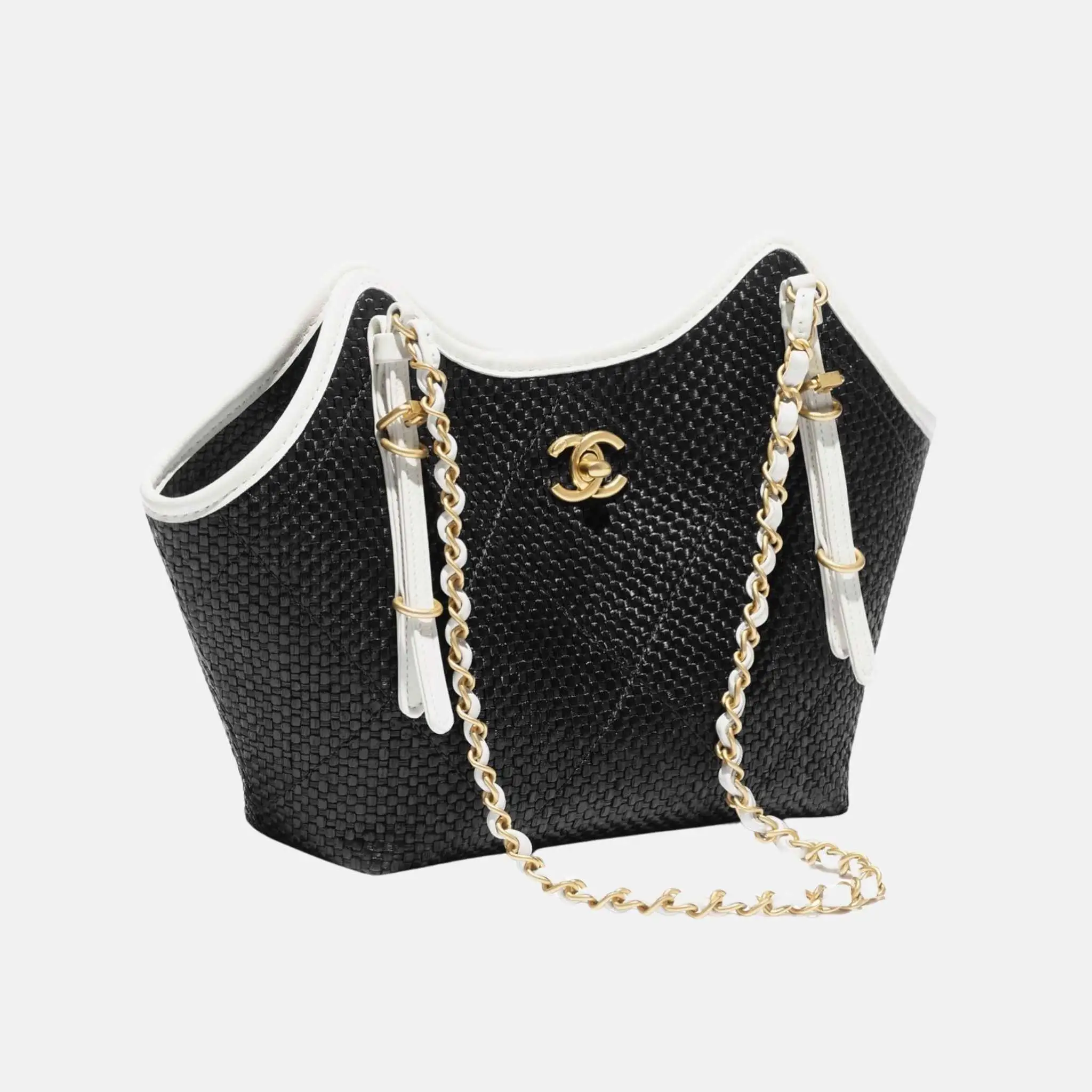 Small Tote in Braided Raffia Calfskin and Gold Tone Metal - Image 3