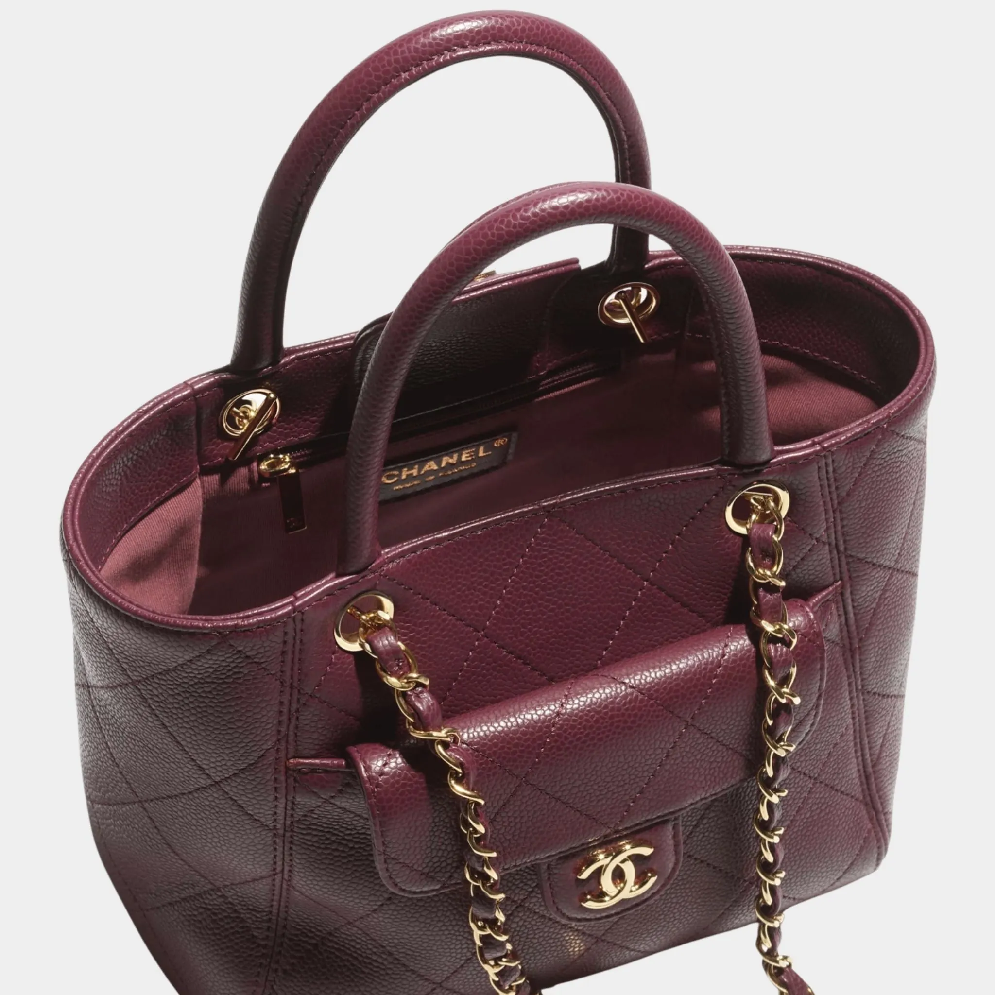Small Tote Grained Calfskin & Gold Tone Metal Dark Burgundy - Image 3