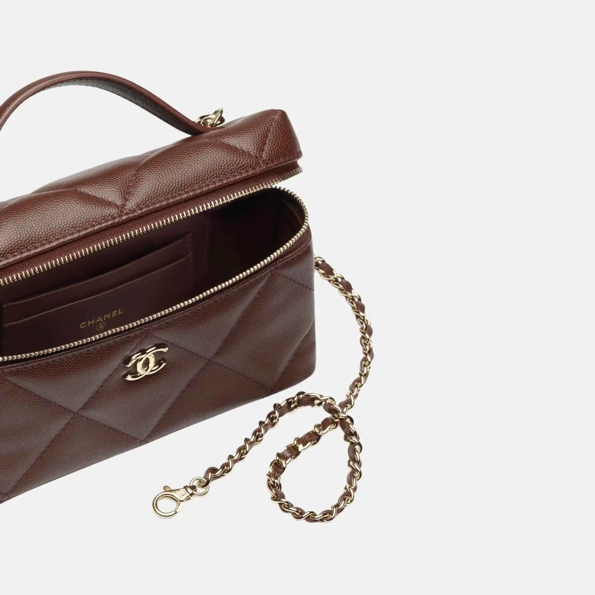Vanity With Chain Grained Shiny Calfskin Dark Brown Gold Tone Metal - Image 2