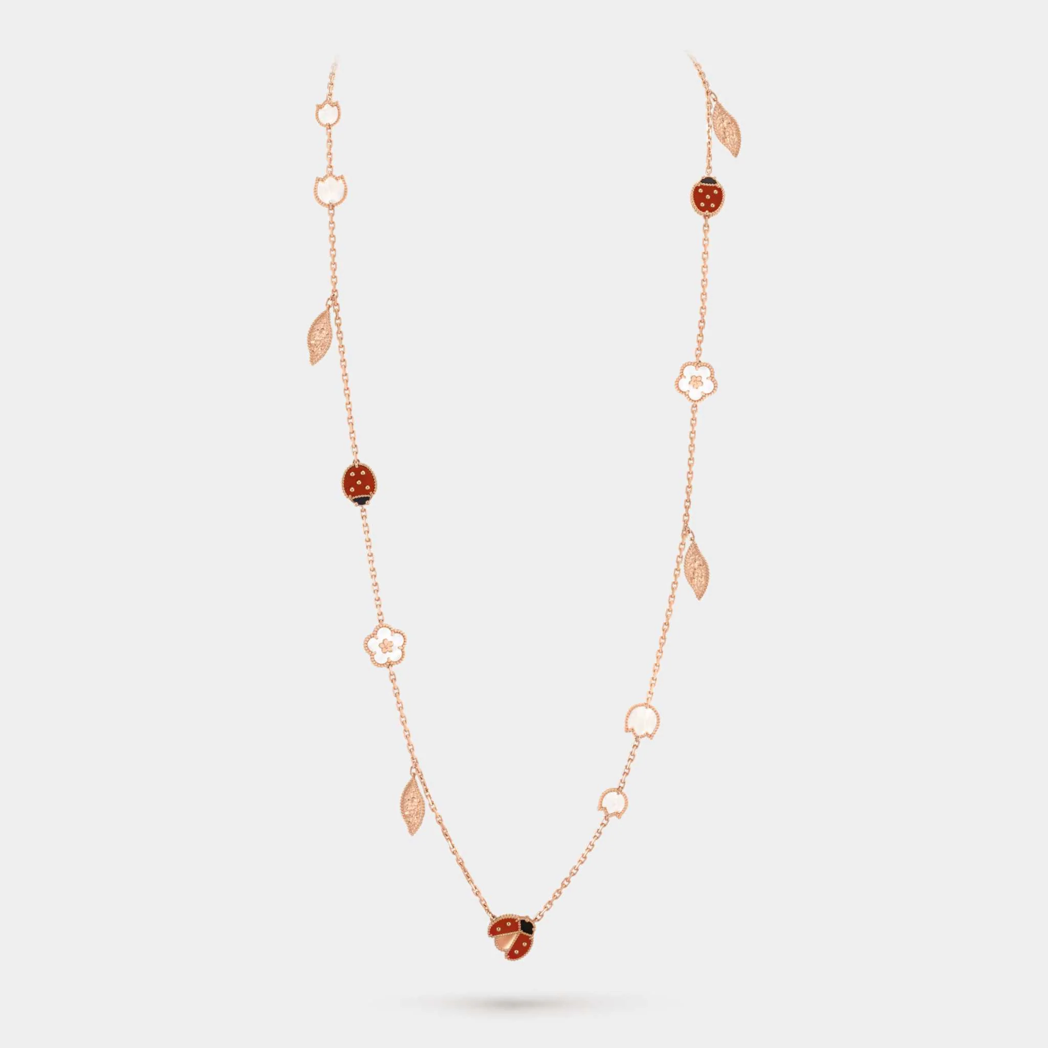 Lucky Spring Long Necklace 15 motifs Rose Gold Carnelian Pearl Onyx