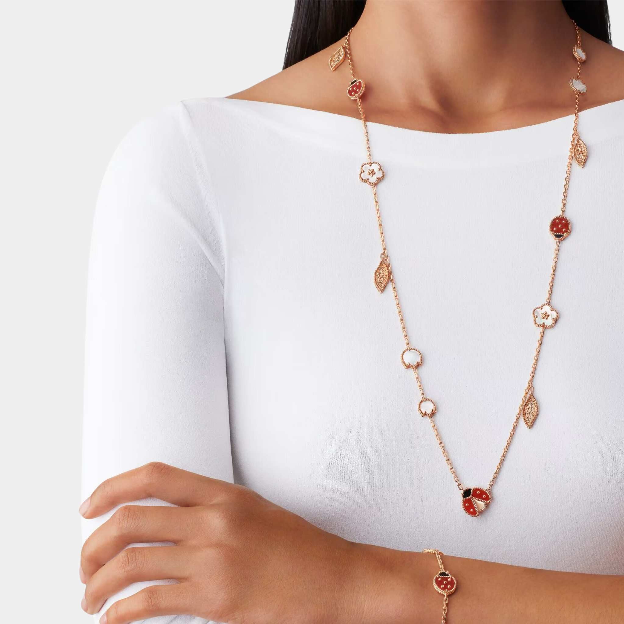 Lucky Spring Long Necklace 15 motifs Rose Gold Carnelian Pearl Onyx - Image 2