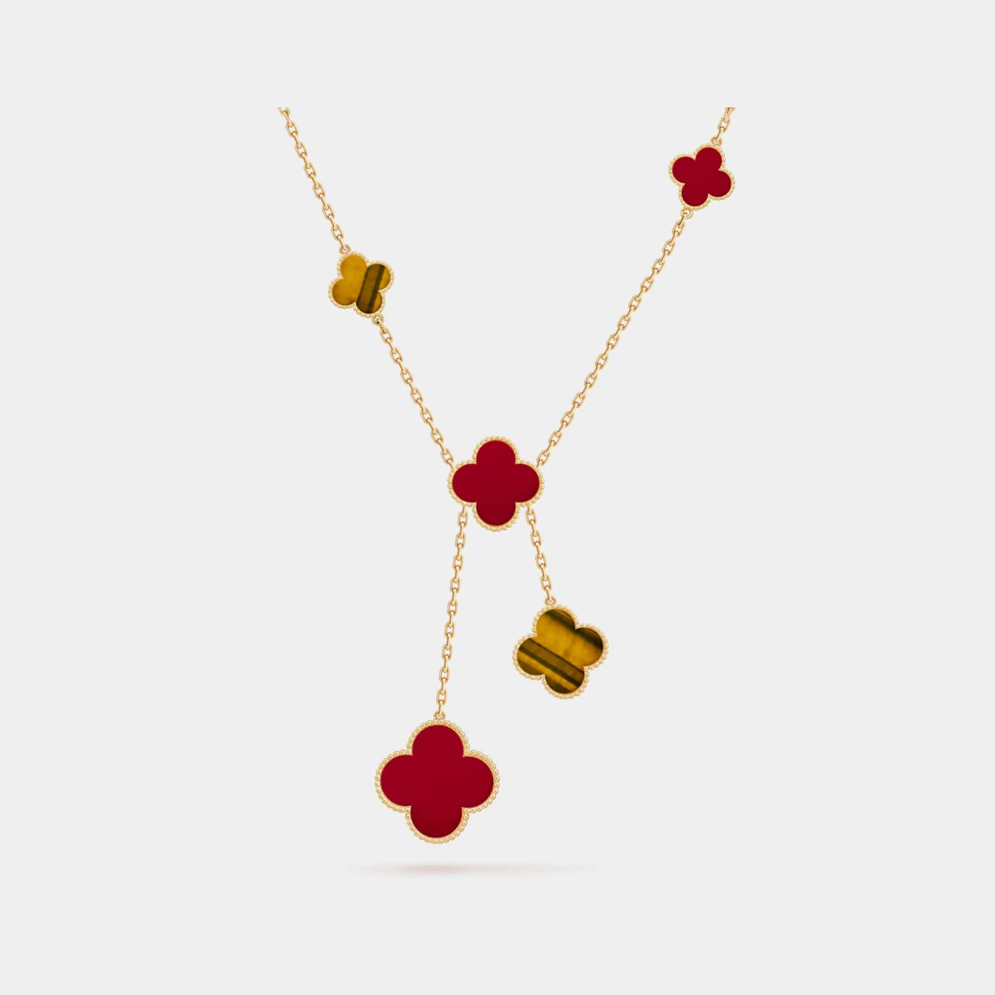 Magic Alhambra Necklace 6 motifs Yellow Gold Carnelian Tiger Eye