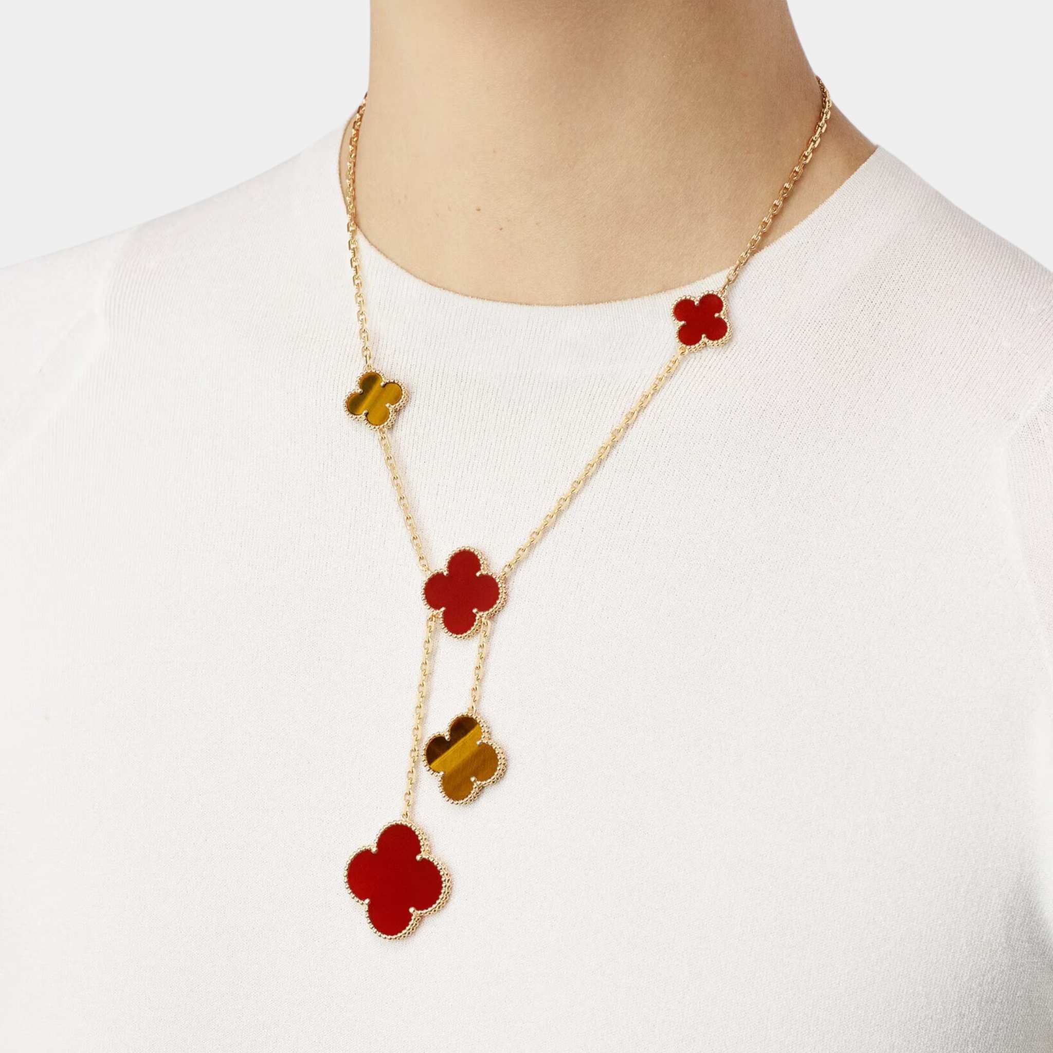 Magic Alhambra Necklace 6 motifs Yellow Gold Carnelian Tiger Eye - Image 2